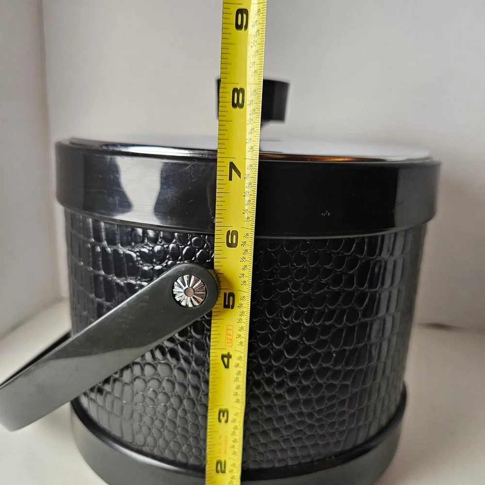 MCM Ice Bucket Black Faux Crocodile Chrome Lid Mid Century Modern Barware Japan